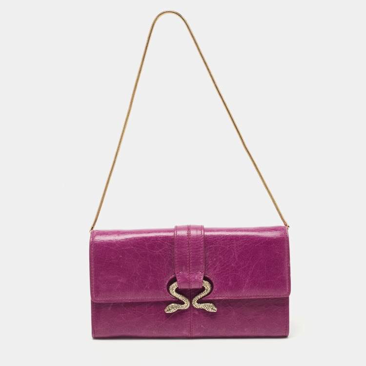 Pre Owned Roberto Cavalli Purple Leather Double Snake Flap Continental Wallet