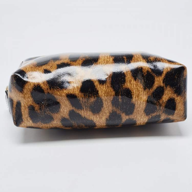 Pre Owned Roberto Cavalli Brown/Black Leopard Print Patent Leather Cosmetic Pouch