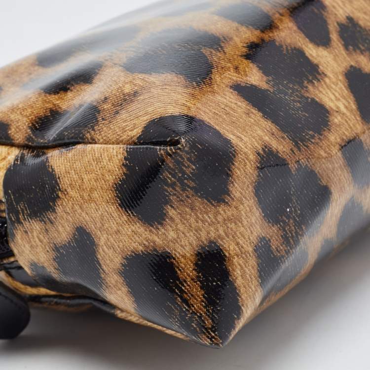 Pre Owned Roberto Cavalli Brown/Black Leopard Print Patent Leather Cosmetic Pouch