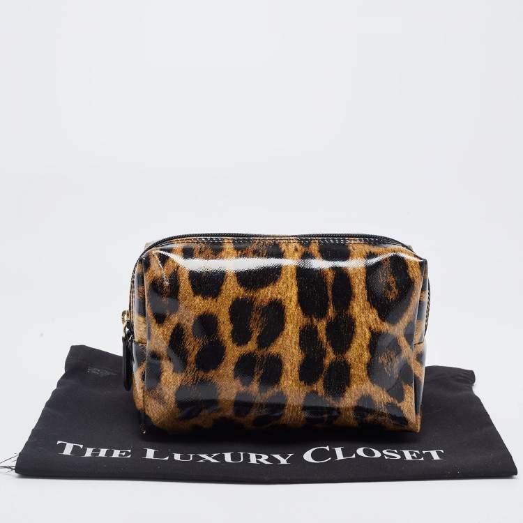 Pre Owned Roberto Cavalli Brown/Black Leopard Print Patent Leather Cosmetic Pouch