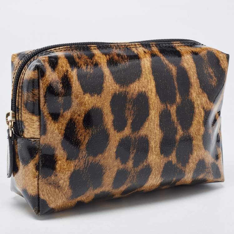 Pre Owned Roberto Cavalli Brown/Black Leopard Print Patent Leather Cosmetic Pouch