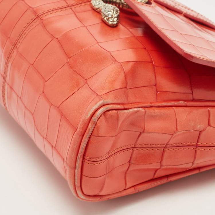 Pre Owned Roberto Cavalli Red Crocodile Embossed Leather Serpenti Flap Chain Bag