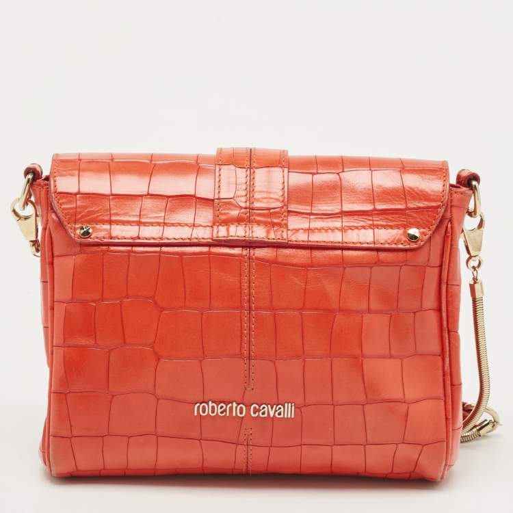 Pre Owned Roberto Cavalli Red Crocodile Embossed Leather Serpenti Flap Chain Bag
