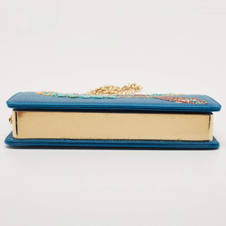 Pre Owned Roberto Cavalli Blue Satin and Leather Embellished Chain Clutch