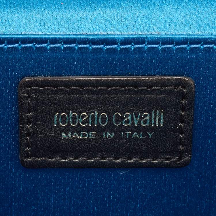 Pre Owned Roberto Cavalli Blue Satin and Leather Embellished Chain Clutch