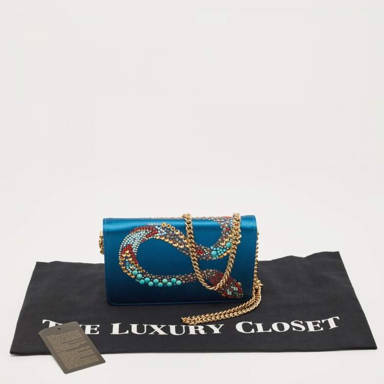 Pre Owned Roberto Cavalli Blue Satin and Leather Embellished Chain Clutch