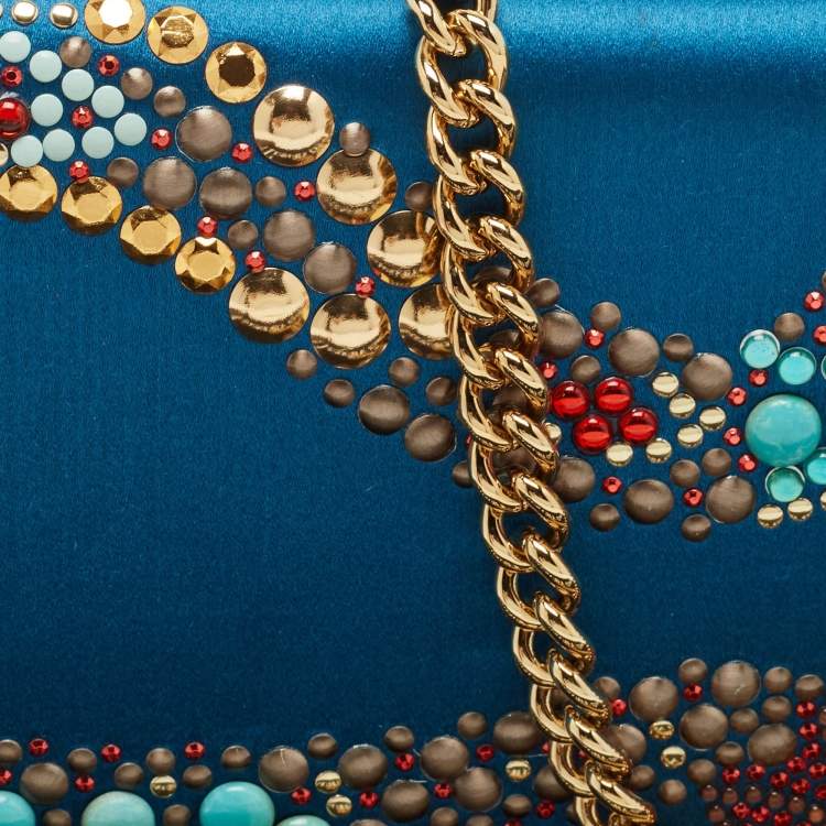 Pre Owned Roberto Cavalli Blue Satin and Leather Embellished Chain Clutch