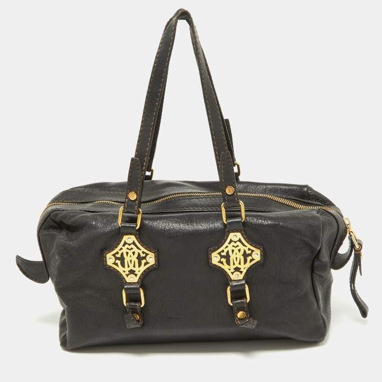 Pre Owned Roberto Cavalli Black Leather Zip Detail Duffle Bag