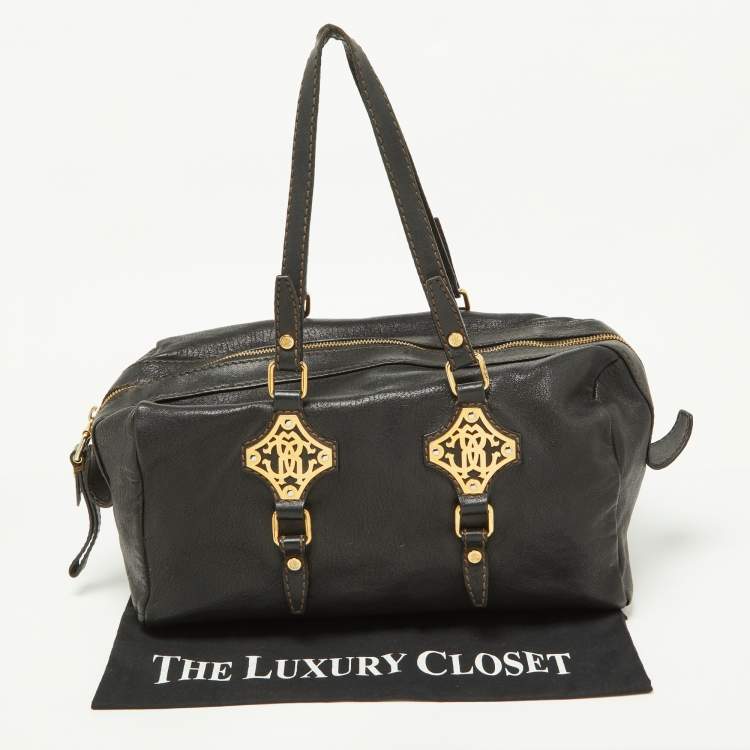 Pre Owned Roberto Cavalli Black Leather Zip Detail Duffle Bag