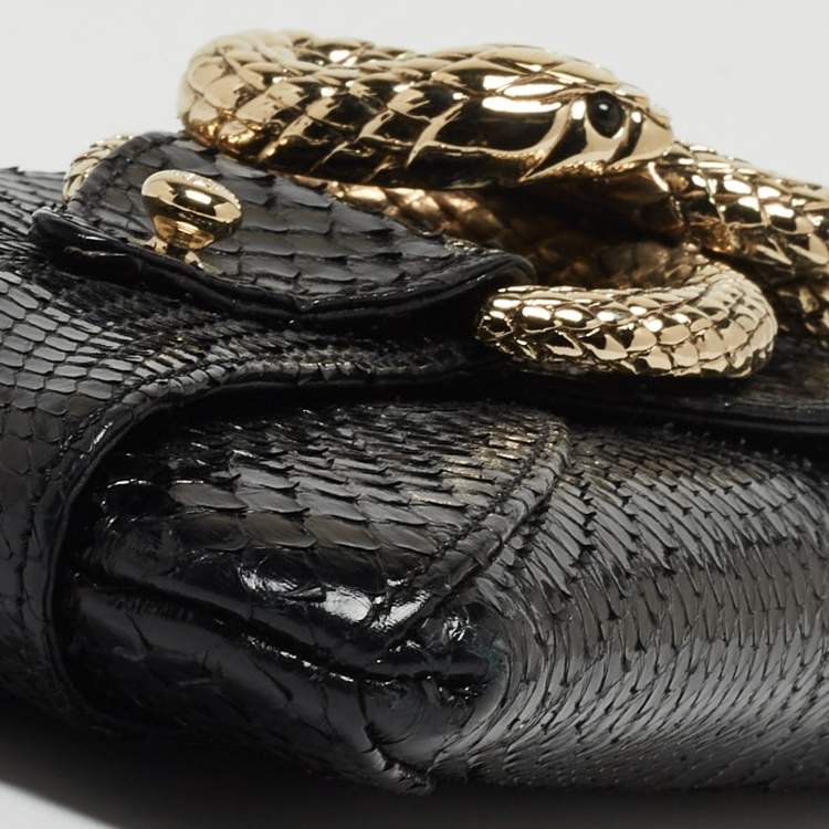 Pre Owned Roberto Cavalli Black Snakeskin Embellished Chain Clutch