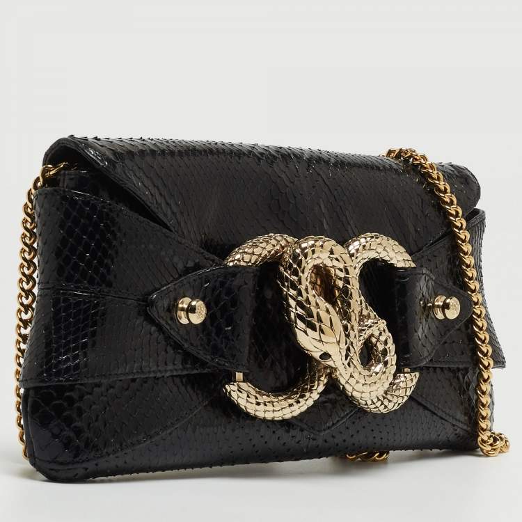 Pre Owned Roberto Cavalli Black Snakeskin Embellished Chain Clutch