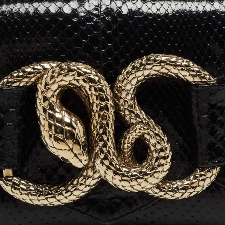 Pre Owned Roberto Cavalli Black Snakeskin Embellished Chain Clutch