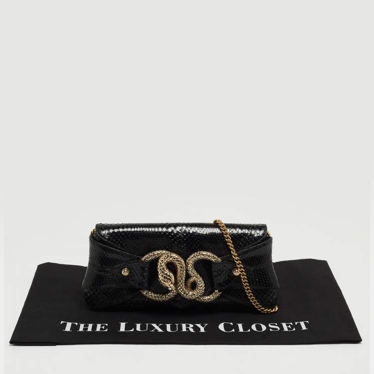 Pre Owned Roberto Cavalli Black Snakeskin Embellished Chain Clutch