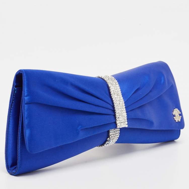 Pre Owned Roberto Cavalli Blue Satin Crystal Embellished Clutch