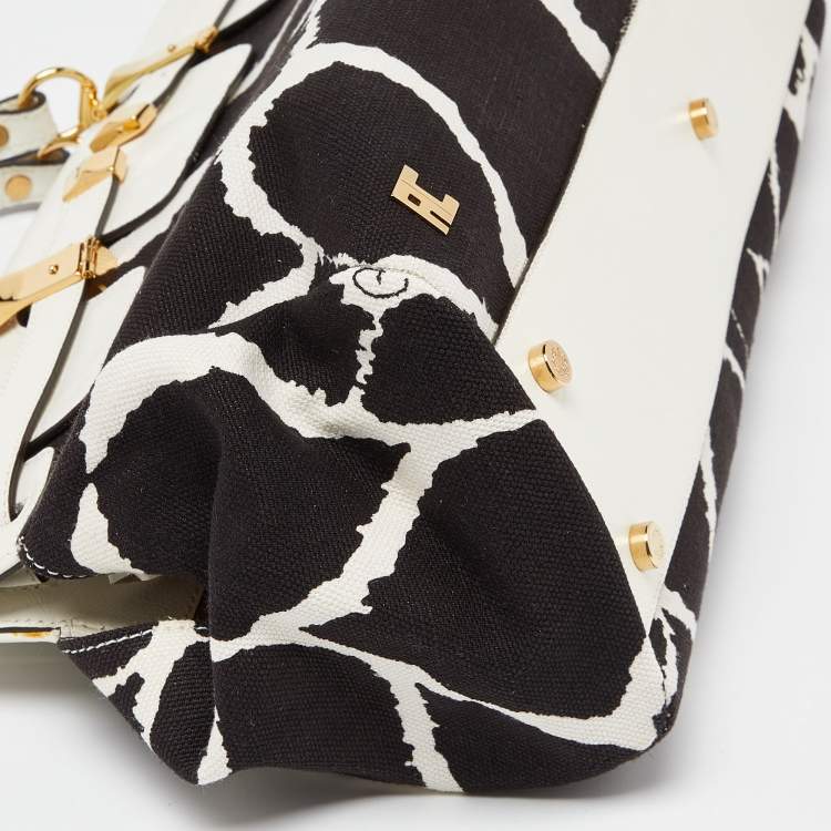 Pre Owned Roberto Cavalli Black/White Printed Canvas and Leather Bag
