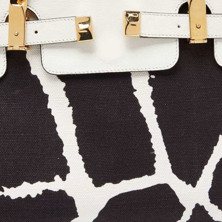Pre Owned Roberto Cavalli Black/White Printed Canvas and Leather Bag