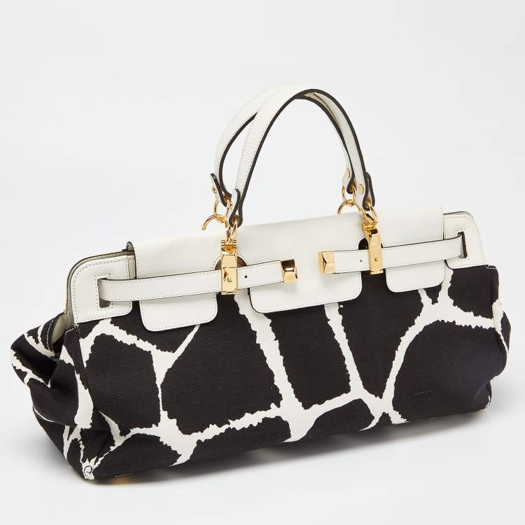 Pre Owned Roberto Cavalli Black/White Printed Canvas and Leather Bag