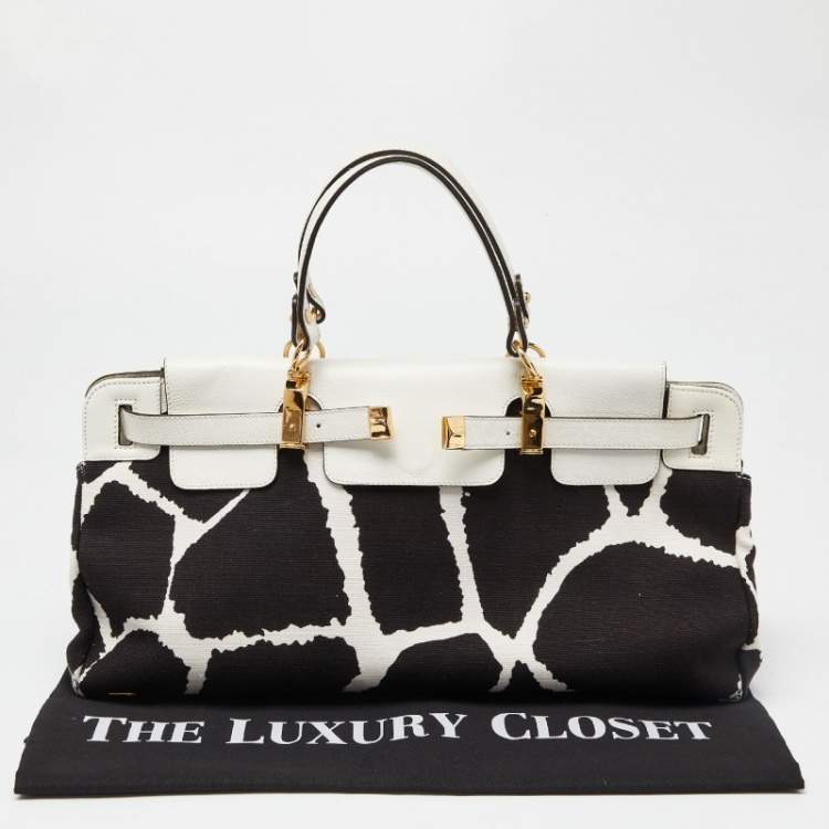 Pre Owned Roberto Cavalli Black/White Printed Canvas and Leather Bag