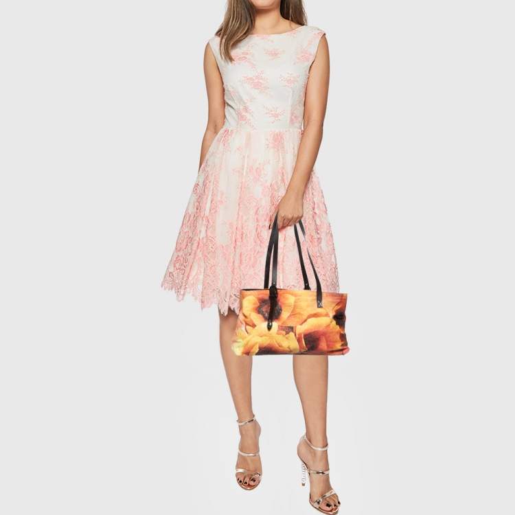 Pre Owned Roberto Cavalli Multicolor Floral Print Shimmer Fabric and Leather Tote