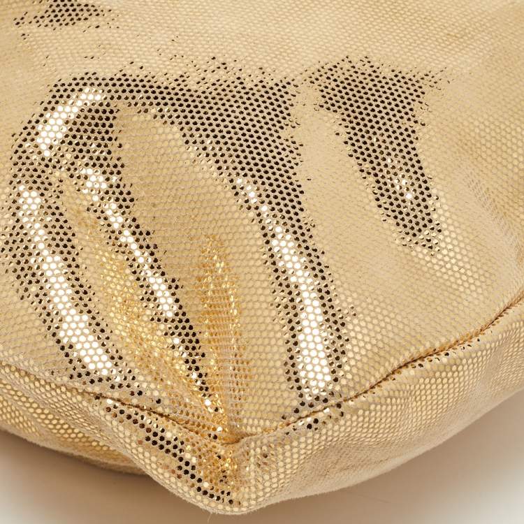Pre Owned Roberto Cavalli Gold Shimmer Suede Ring Handle Clutch