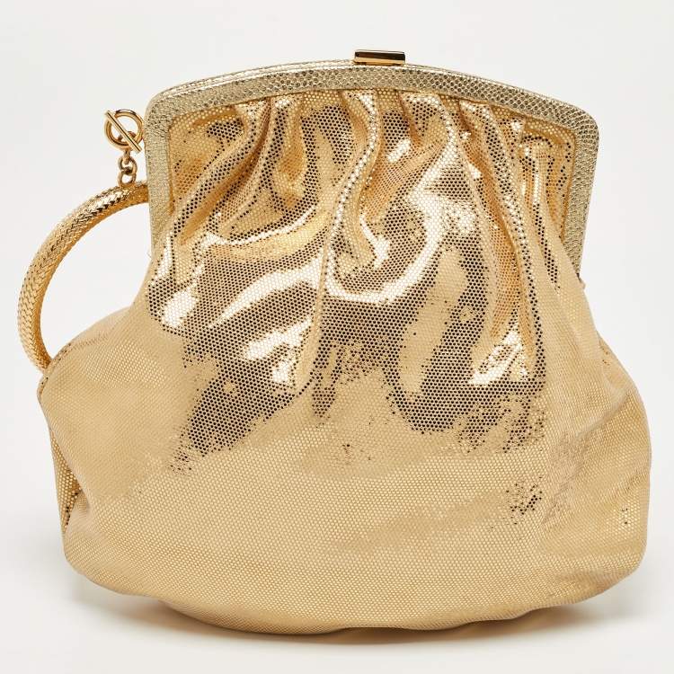 Pre Owned Roberto Cavalli Gold Shimmer Suede Ring Handle Clutch