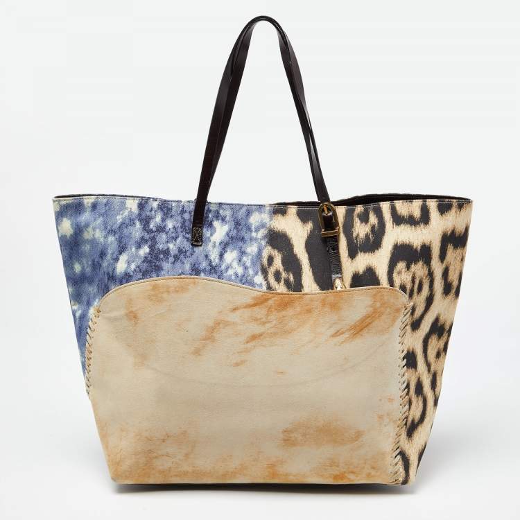 Pre Owned Roberto Cavalli Multicolor Leopard Print Canvas and Leather Shopper Tote