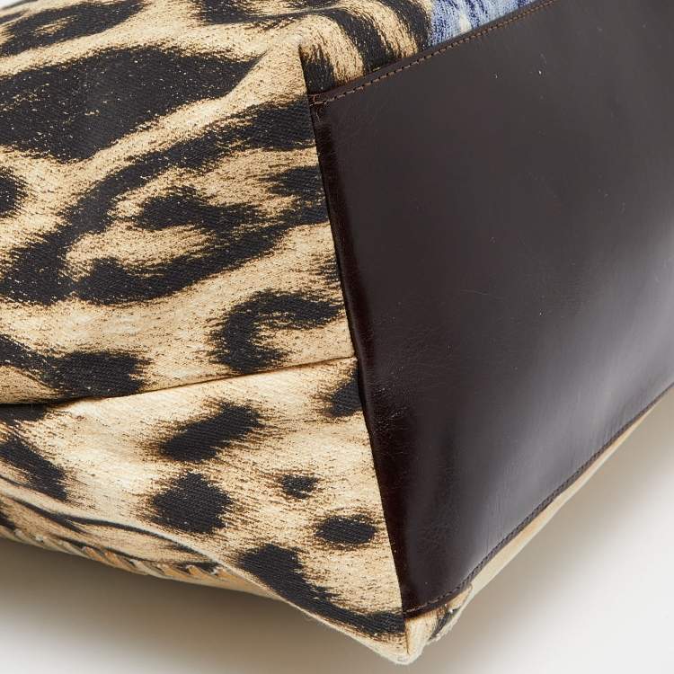 Pre Owned Roberto Cavalli Multicolor Leopard Print Canvas and Leather Shopper Tote