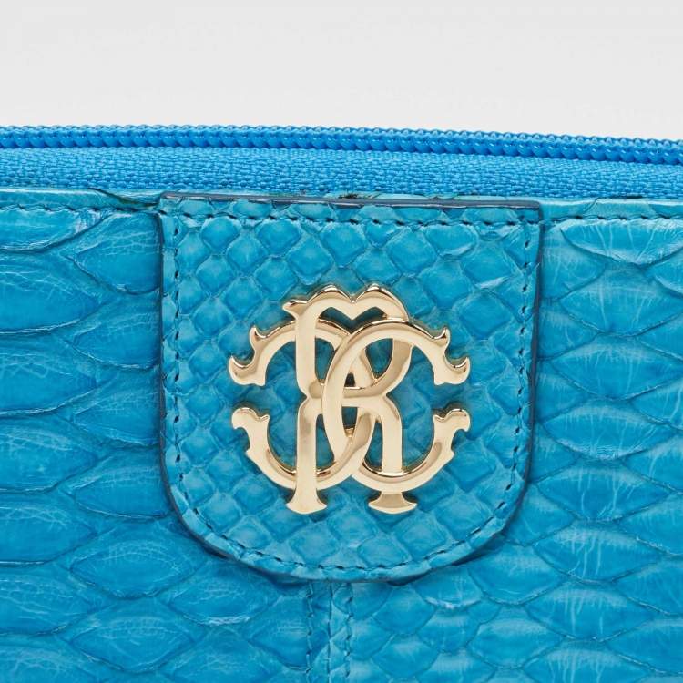 Pre Owned Roberto Cavalli Blue Python Zip Around Continental Wallet
