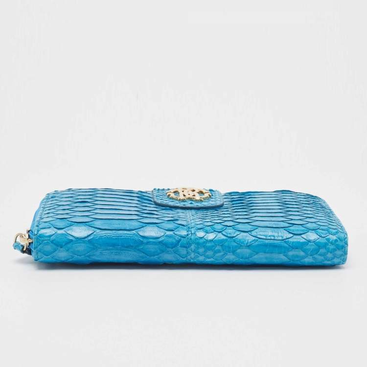 Pre Owned Roberto Cavalli Blue Python Zip Around Continental Wallet