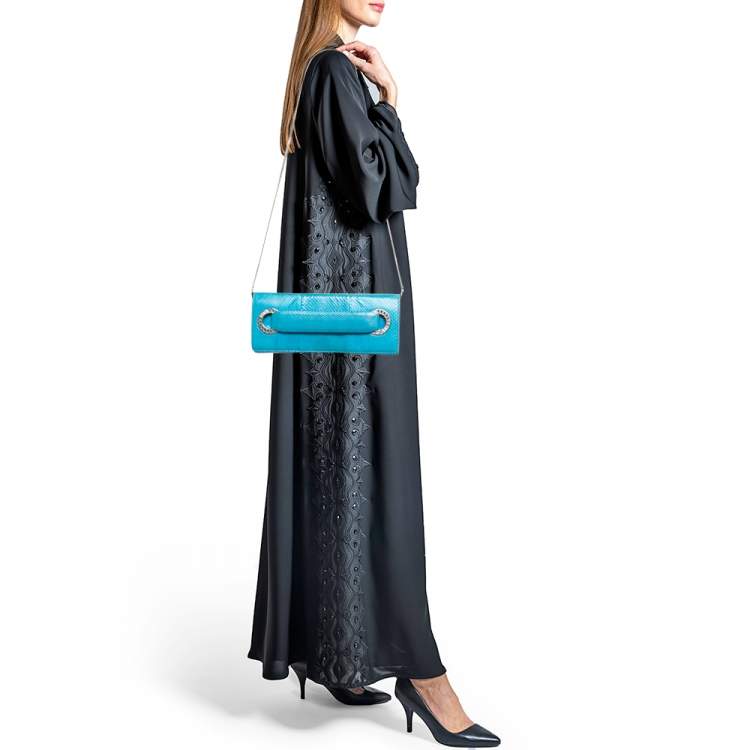 Pre Owned Roberto Cavalli Blue Snakeskin Flap Chain Clutch