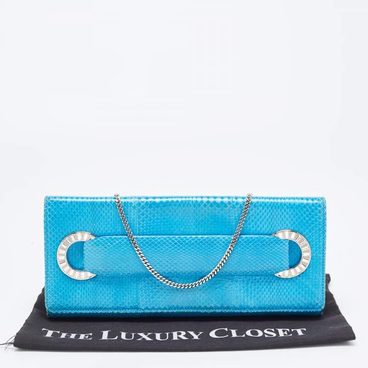 Pre Owned Roberto Cavalli Blue Snakeskin Flap Chain Clutch