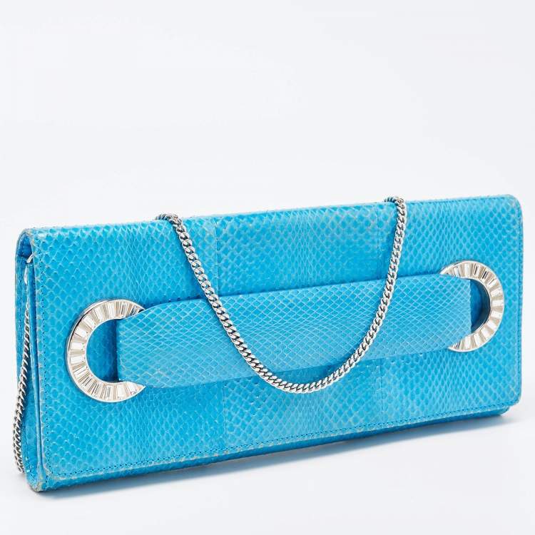 Pre Owned Roberto Cavalli Blue Snakeskin Flap Chain Clutch