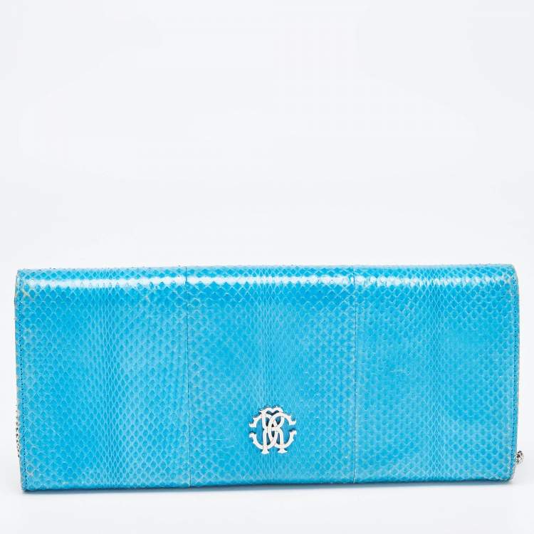 Pre Owned Roberto Cavalli Blue Snakeskin Flap Chain Clutch