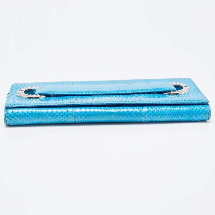 Pre Owned Roberto Cavalli Blue Snakeskin Flap Chain Clutch