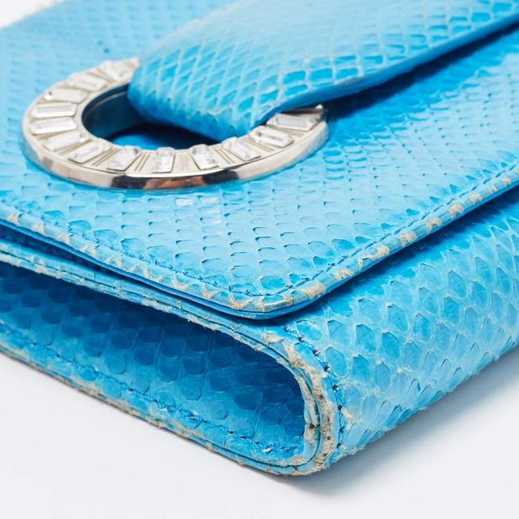 Pre Owned Roberto Cavalli Blue Snakeskin Flap Chain Clutch