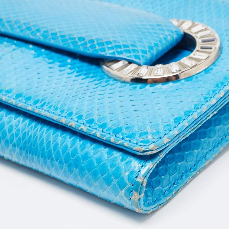 Pre Owned Roberto Cavalli Blue Snakeskin Flap Chain Clutch