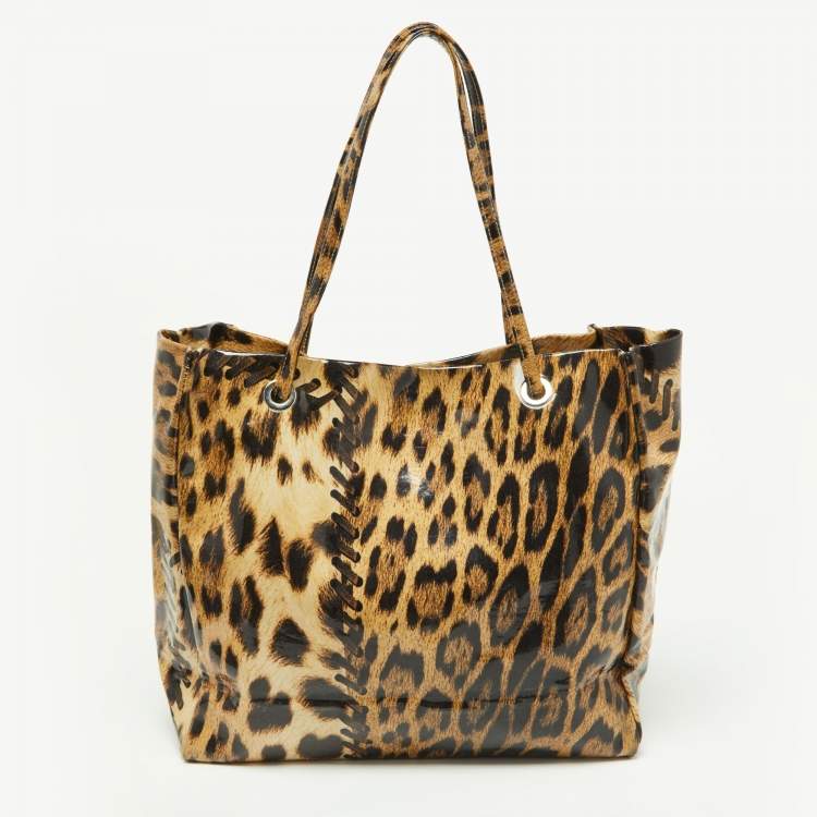Pre Owned Roberto Cavalli Beige/Black Leopard Print Coated Canvas Snap Tote