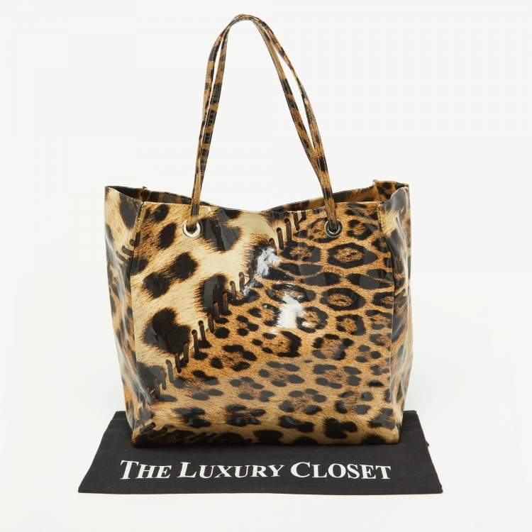 Pre Owned Roberto Cavalli Beige/Black Leopard Print Coated Canvas Snap Tote