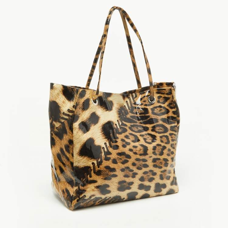 Pre Owned Roberto Cavalli Beige/Black Leopard Print Coated Canvas Snap Tote