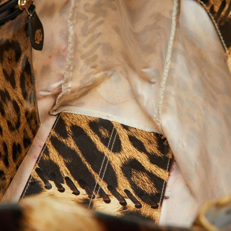 Pre Owned Roberto Cavalli Beige/Black Leopard Print Coated Canvas Snap Tote