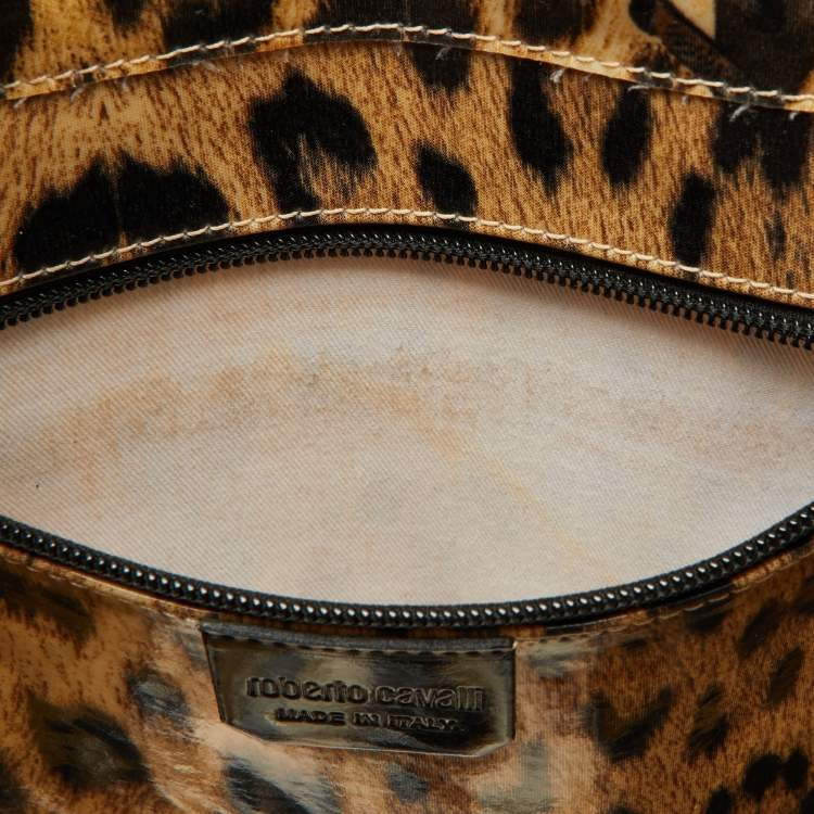 Pre Owned Roberto Cavalli Beige/Black Leopard Print Coated Canvas Snap Tote