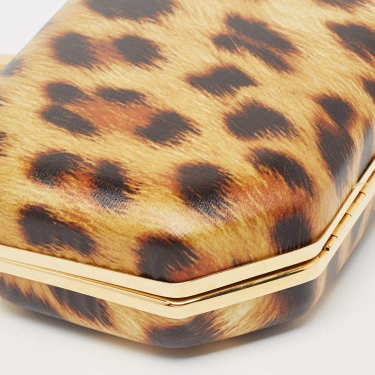 Pre Owned Roberto Cavalli Tan/Brown Leopard Print Leather Box Clutch