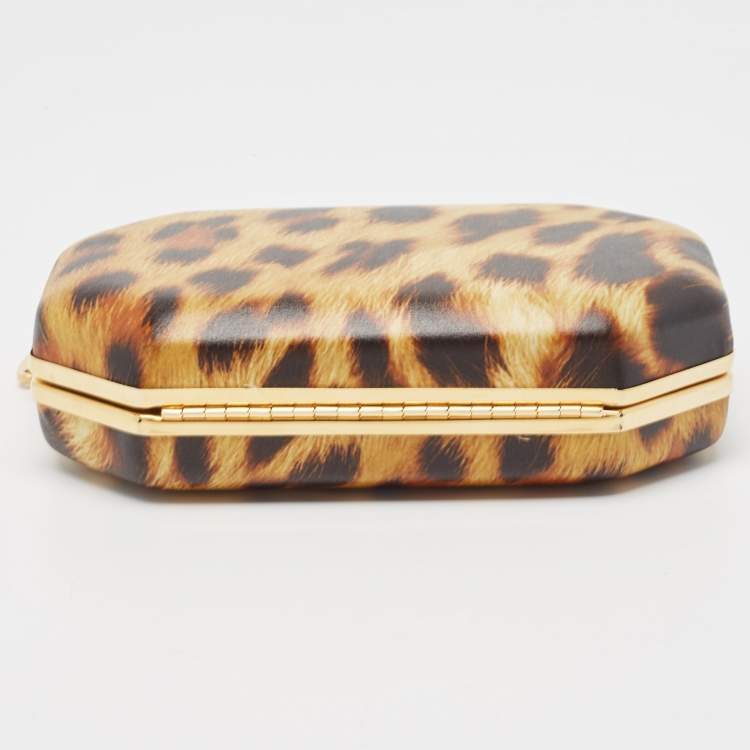 Pre Owned Roberto Cavalli Tan/Brown Leopard Print Leather Box Clutch