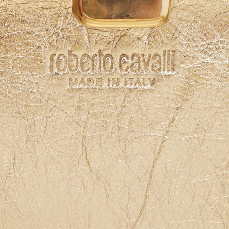 Pre Owned Roberto Cavalli Tan/Brown Leopard Print Leather Box Clutch