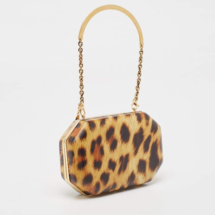 Pre Owned Roberto Cavalli Tan/Brown Leopard Print Leather Box Clutch