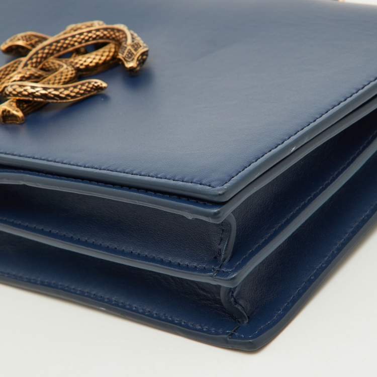 Pre Owned Roberto Cavalli Navy Blue Leather RC Monogram Flap Chain Bag