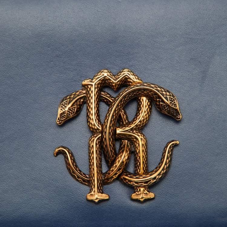 Pre Owned Roberto Cavalli Navy Blue Leather RC Monogram Flap Chain Bag