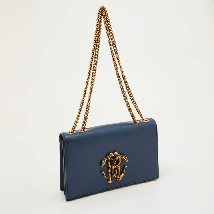 Pre Owned Roberto Cavalli Navy Blue Leather RC Monogram Flap Chain Bag