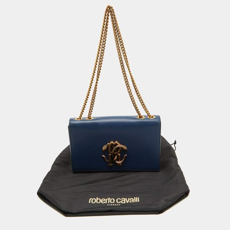 Pre Owned Roberto Cavalli Navy Blue Leather RC Monogram Flap Chain Bag