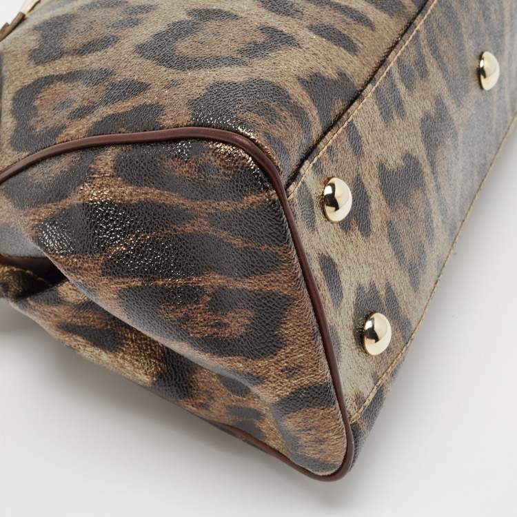Pre Owned Roberto Cavalli Metallic/Brown Leopard Print Coated Canvas and Leather Zip Tote